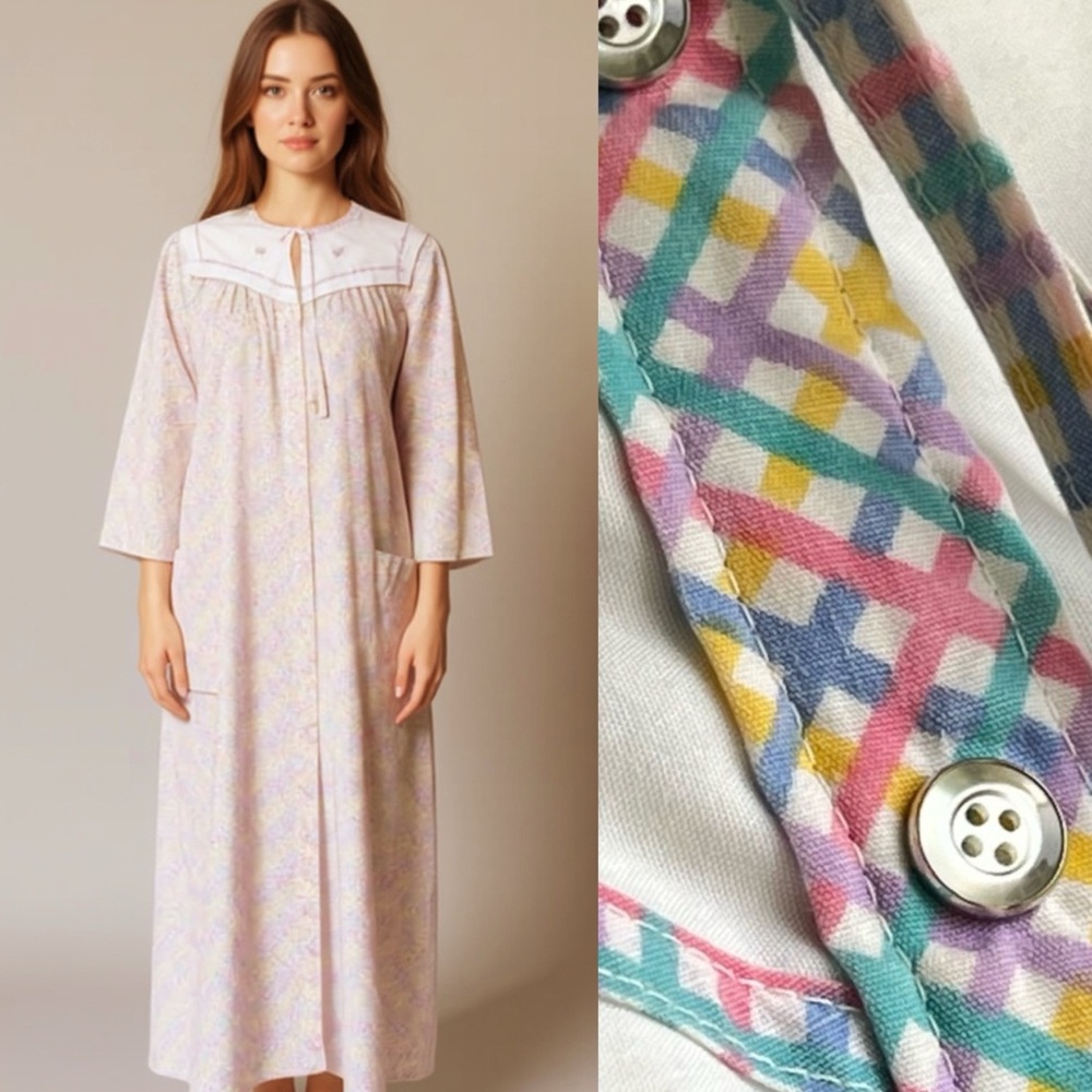 VTG Pastel Pink Blue Yellow Plaid Nightgown Maxi House Day Dress Patch Pockets